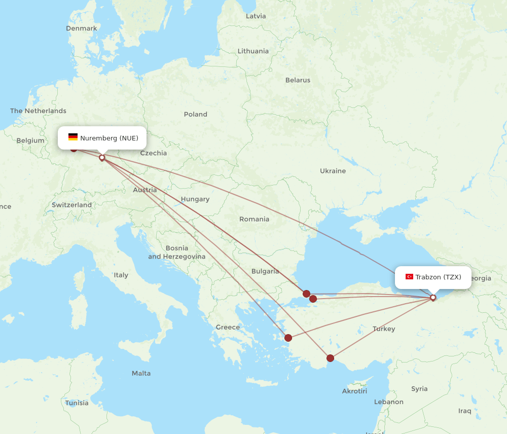 NUE-TZX flight routes