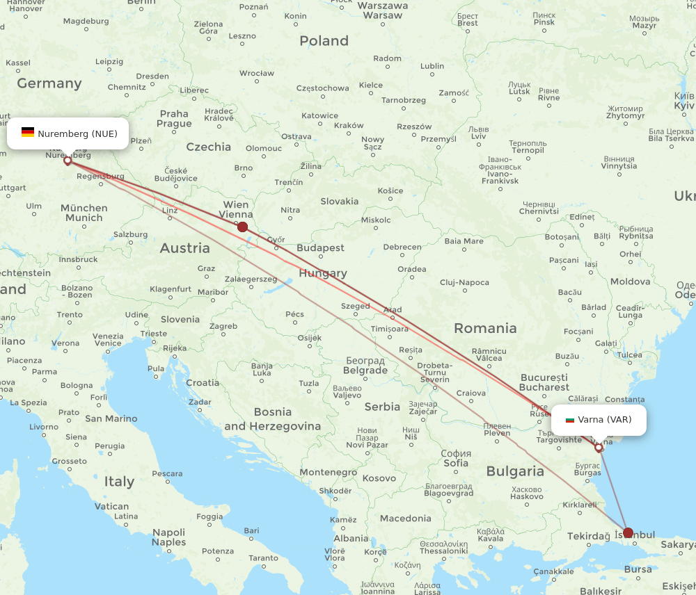 NUE to VAR flights and routes map