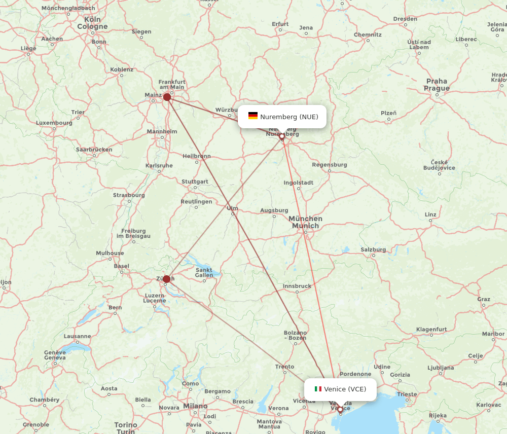 NUE to VCE flights and routes map