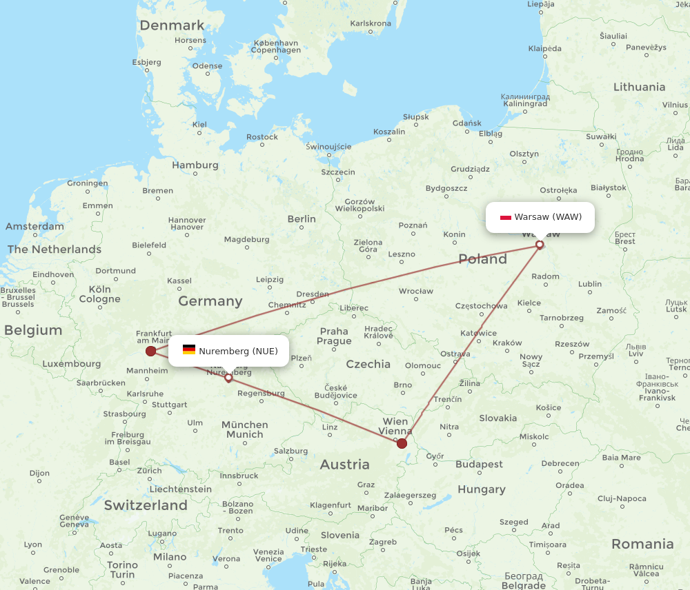 NUE to WAW flights and routes map
