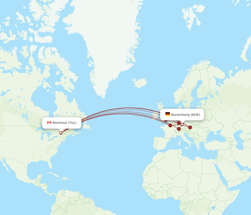 NUE-YUL flight routes