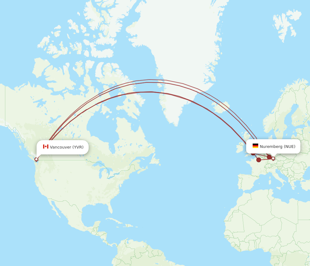 YVR to NUE flights and routes map