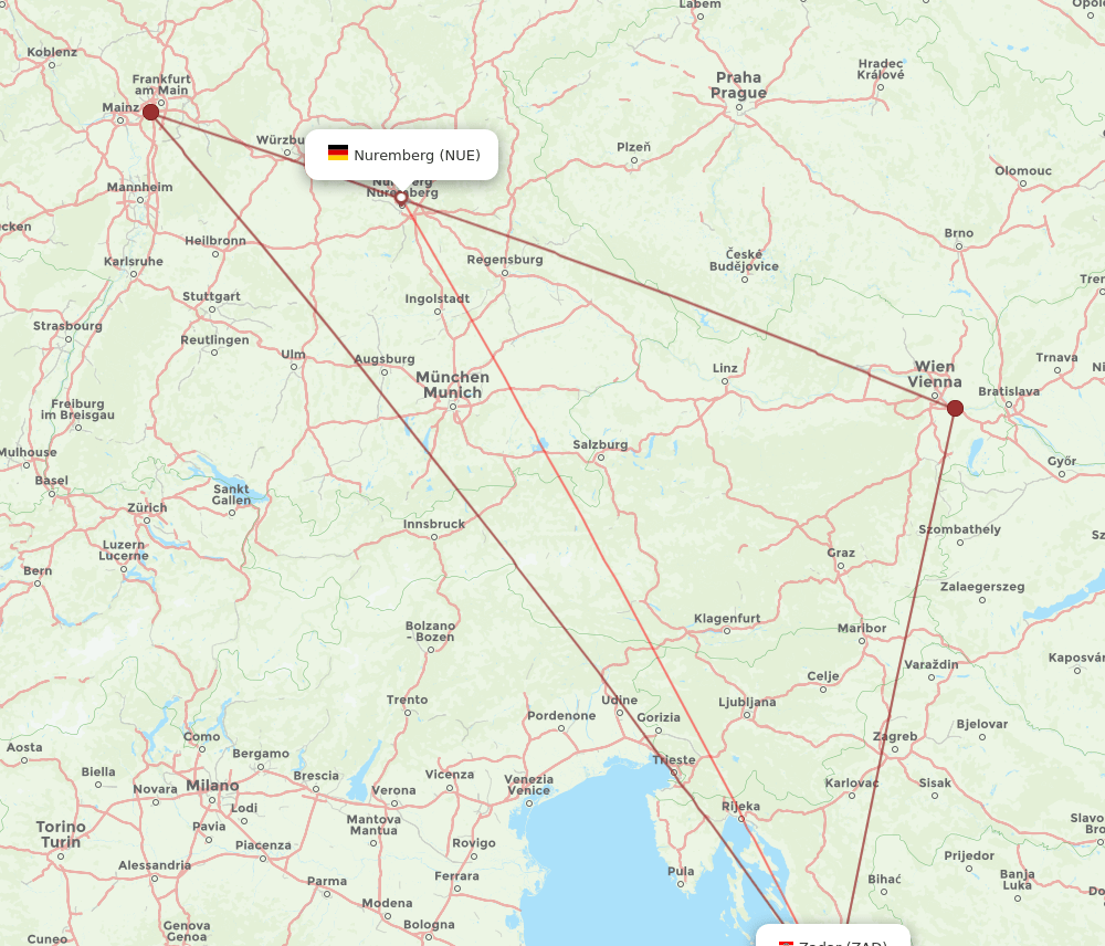 ZAD to NUE flights and routes map