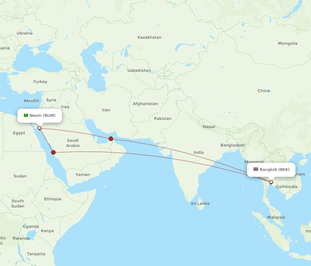 NUM to BKK flights and routes map