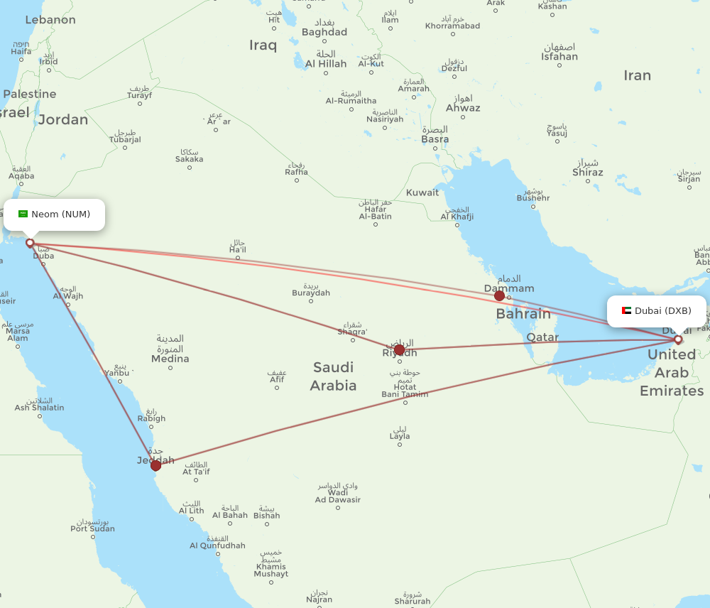 NUM to DXB flights and routes map