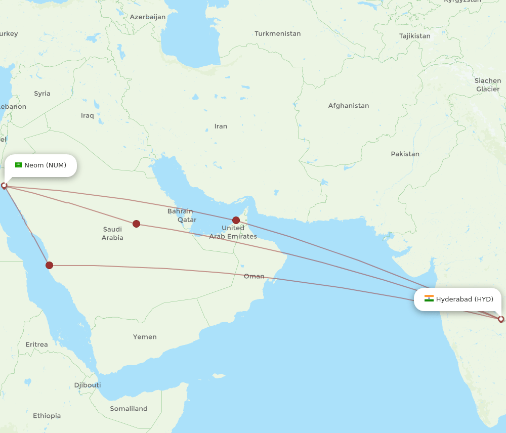 NUM to HYD flights and routes map