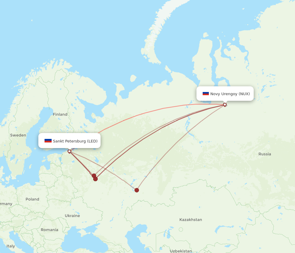 NUX to LED flights and routes map
