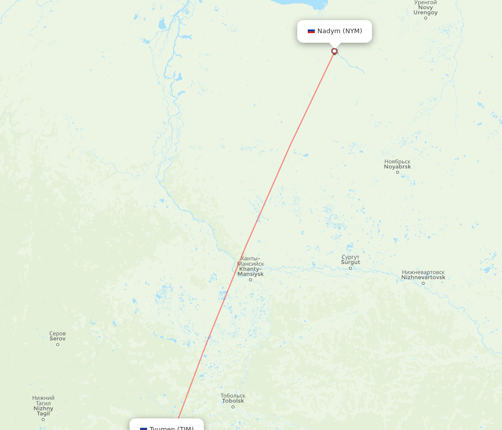 Nadym - Tyumen route map and flight paths