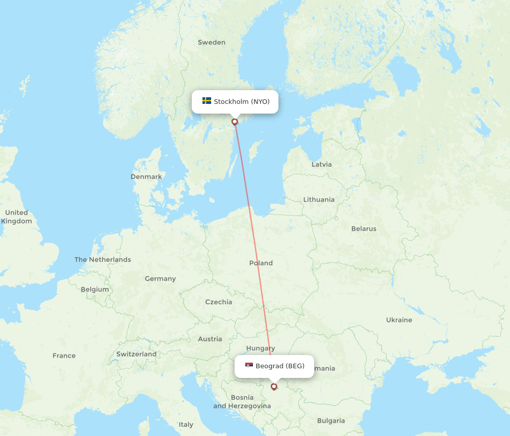 Stockholm - Belgrade route map and flight paths