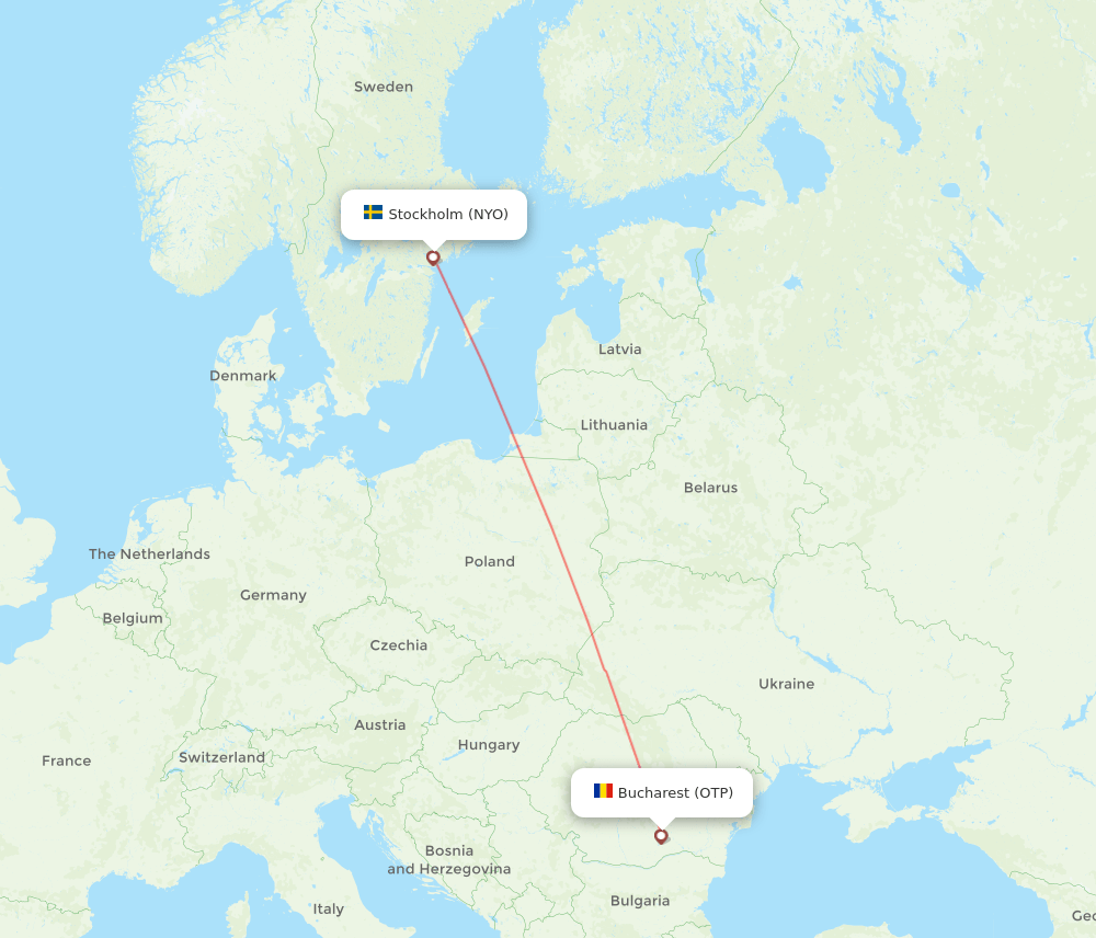 Stockholm - Bucharest route map and flight paths