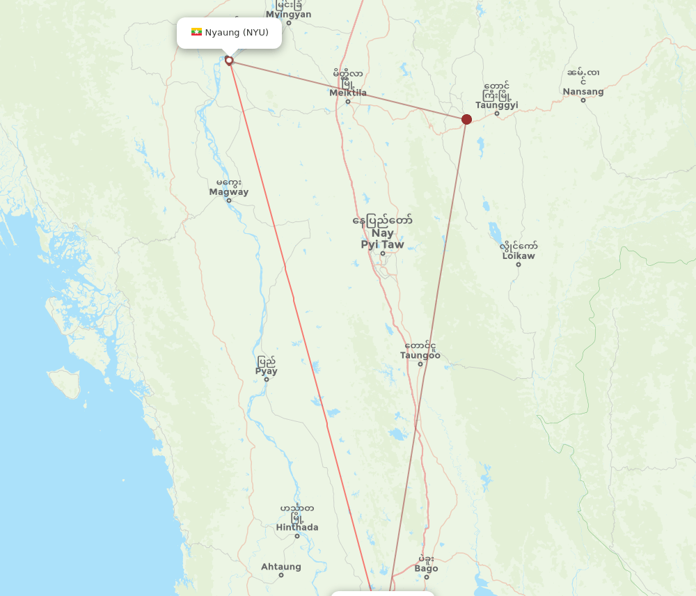 Nyaung-u - Yangon route map and flight paths
