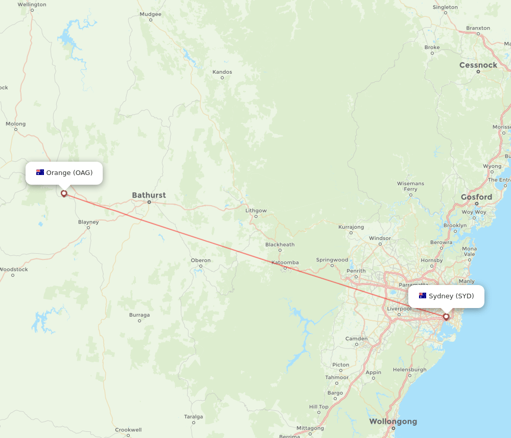 Orange - Sydney route map and flight paths