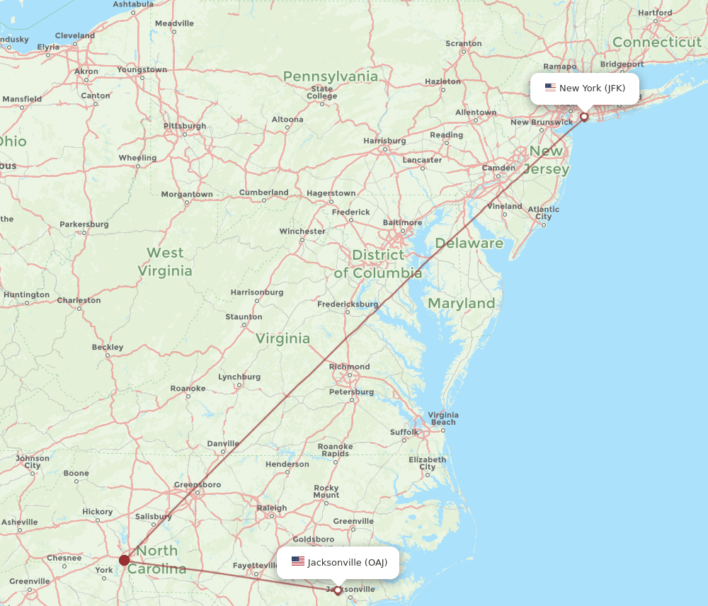 OAJ to JFK flights and routes map