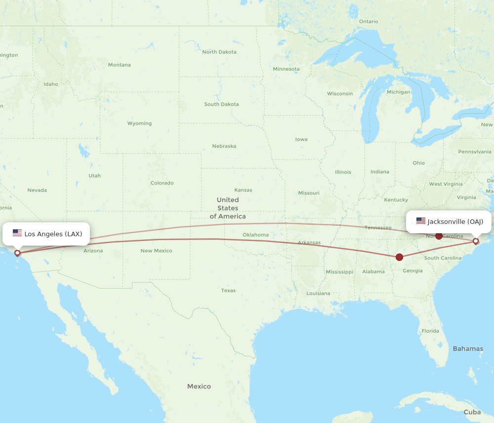 OAJ to LAX flights and routes map