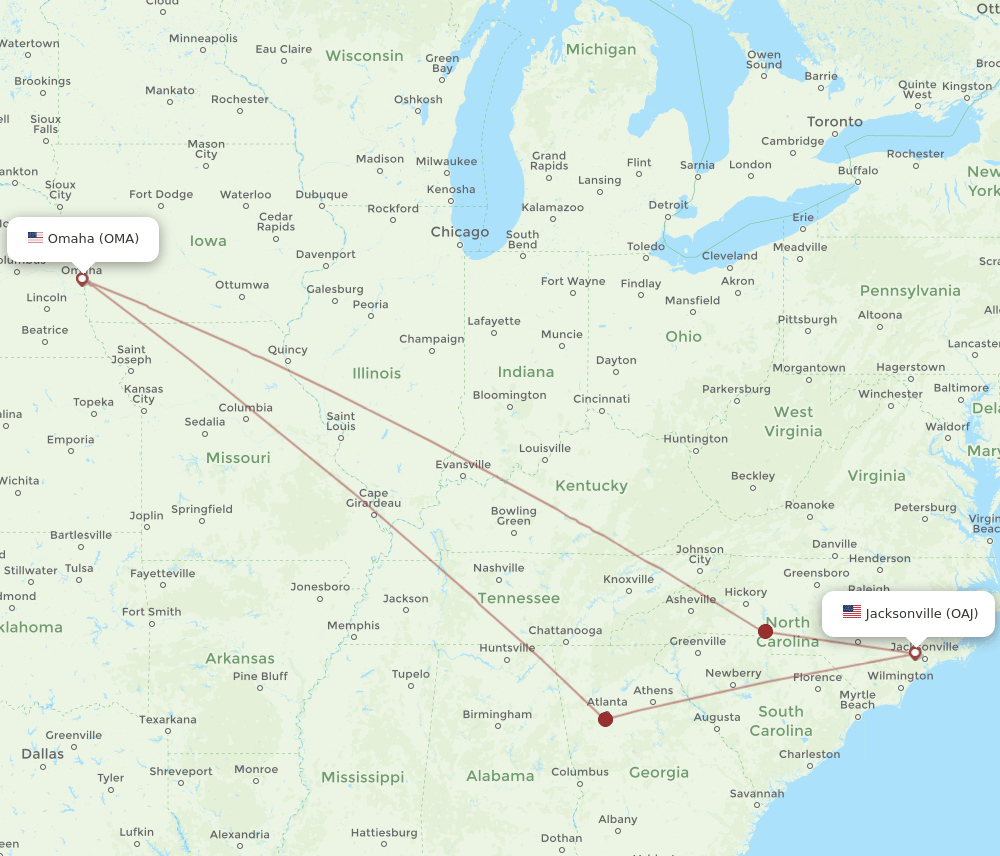 OAJ-OMA flight routes