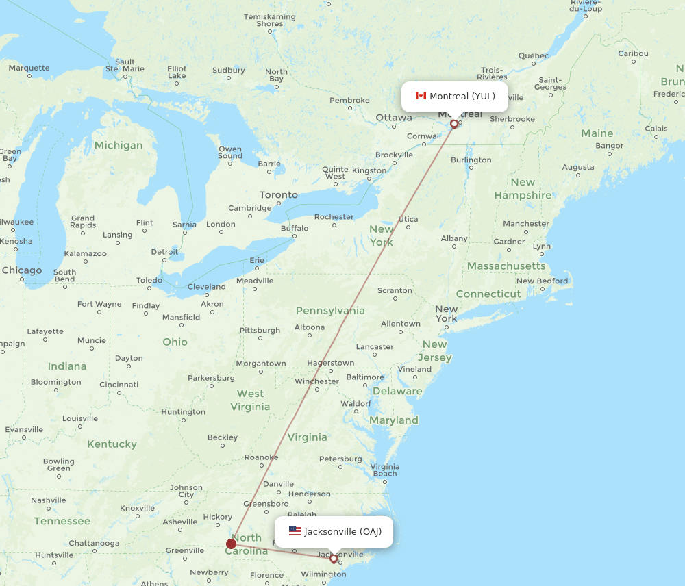 OAJ to YUL flights and routes map