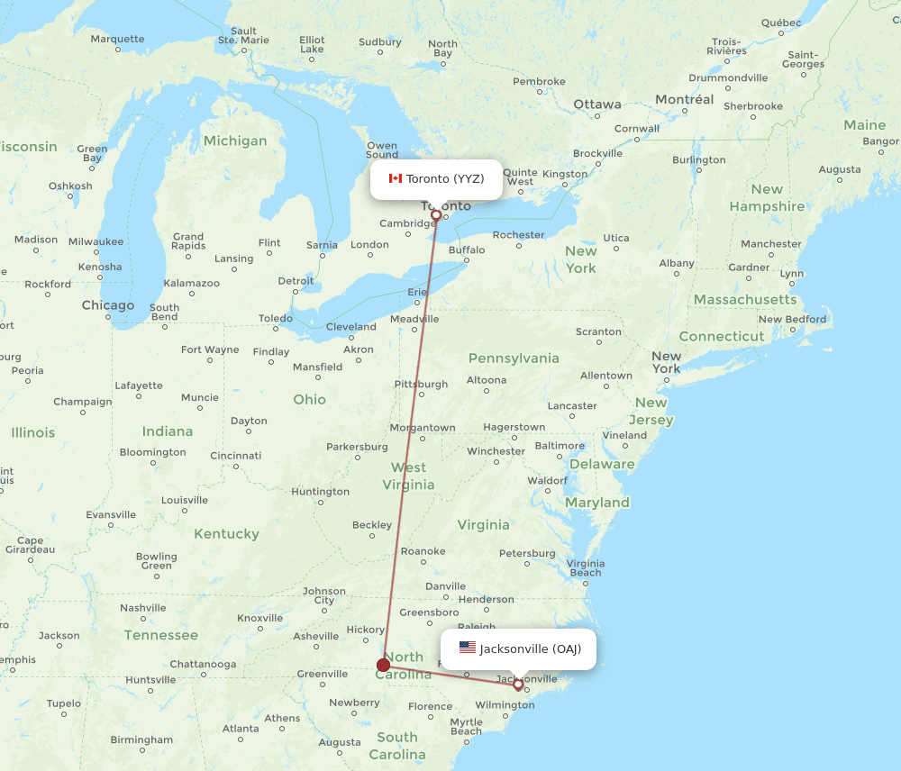 OAJ to YYZ flights and routes map