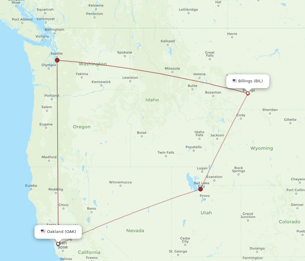 OAK to BIL flights and routes map