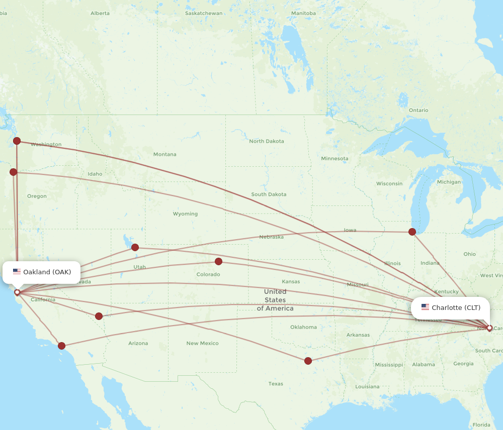 OAK to CLT flights and routes map