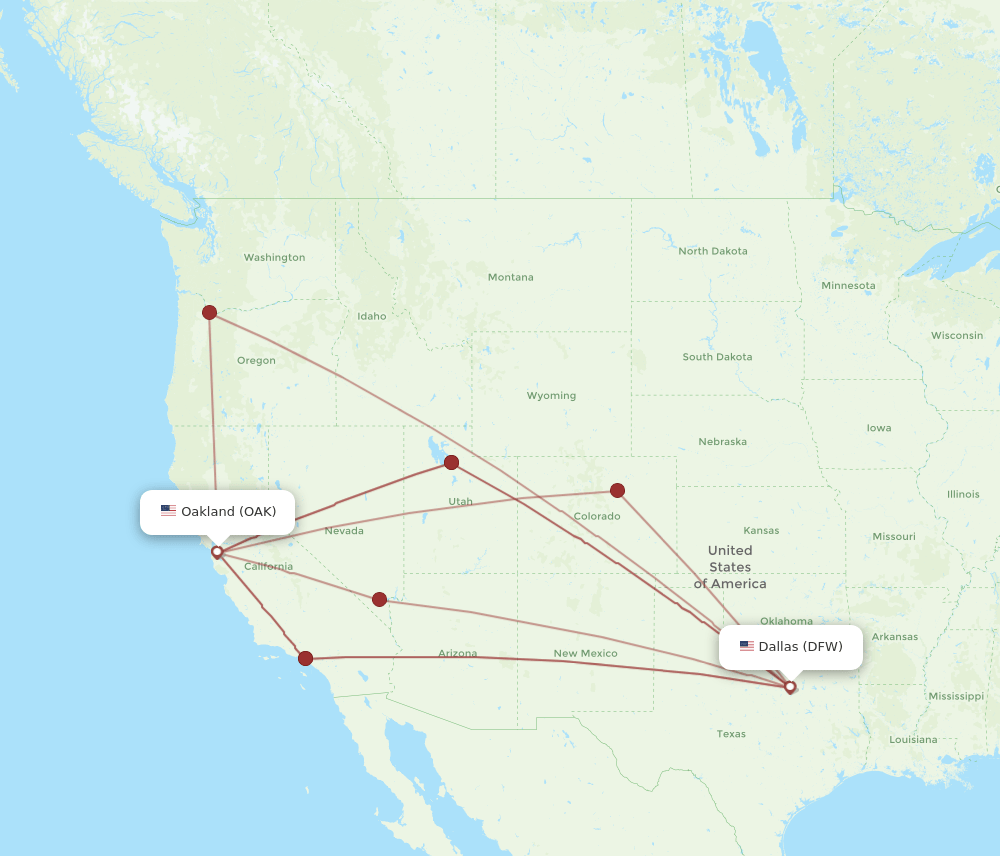 OAK to DFW flights and routes map
