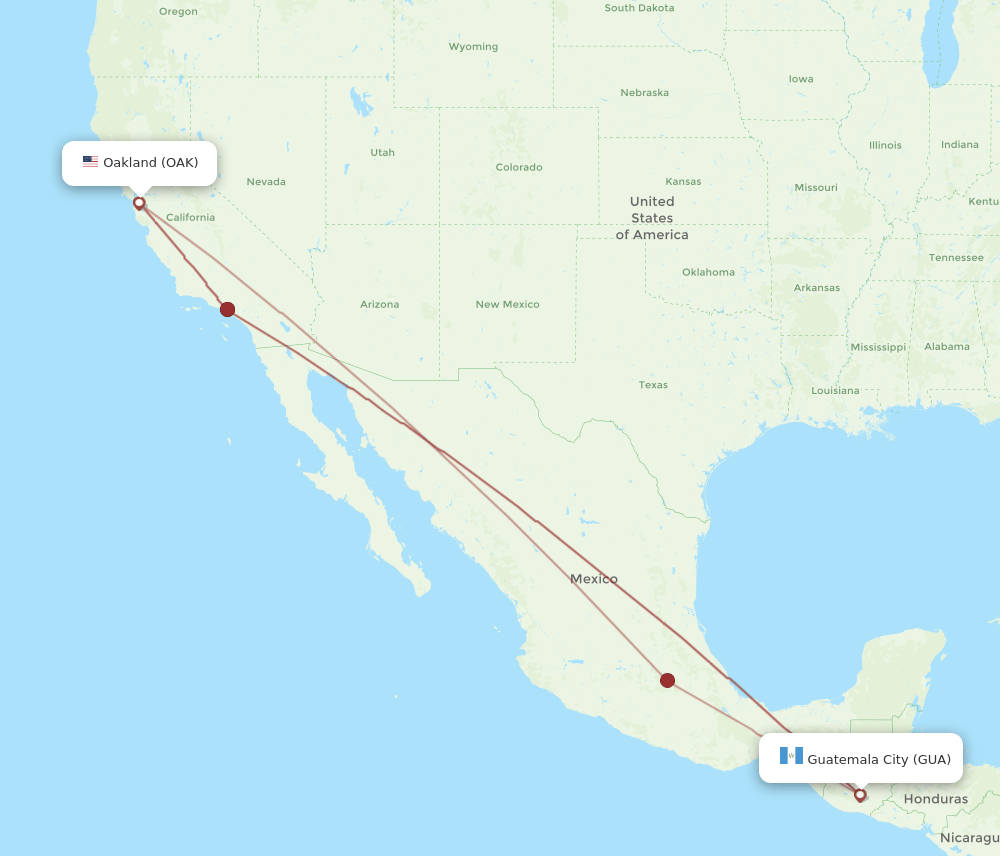 OAK to GUA flights and routes map