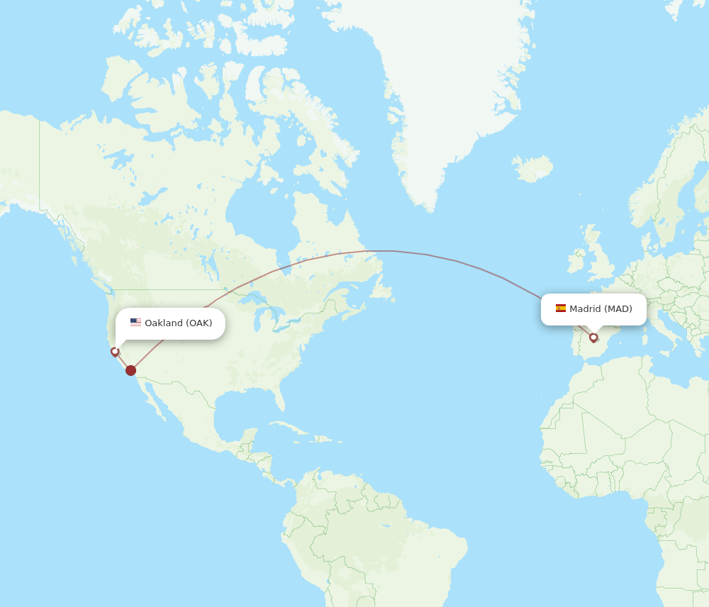 Oakland - Madrid route map and flight paths