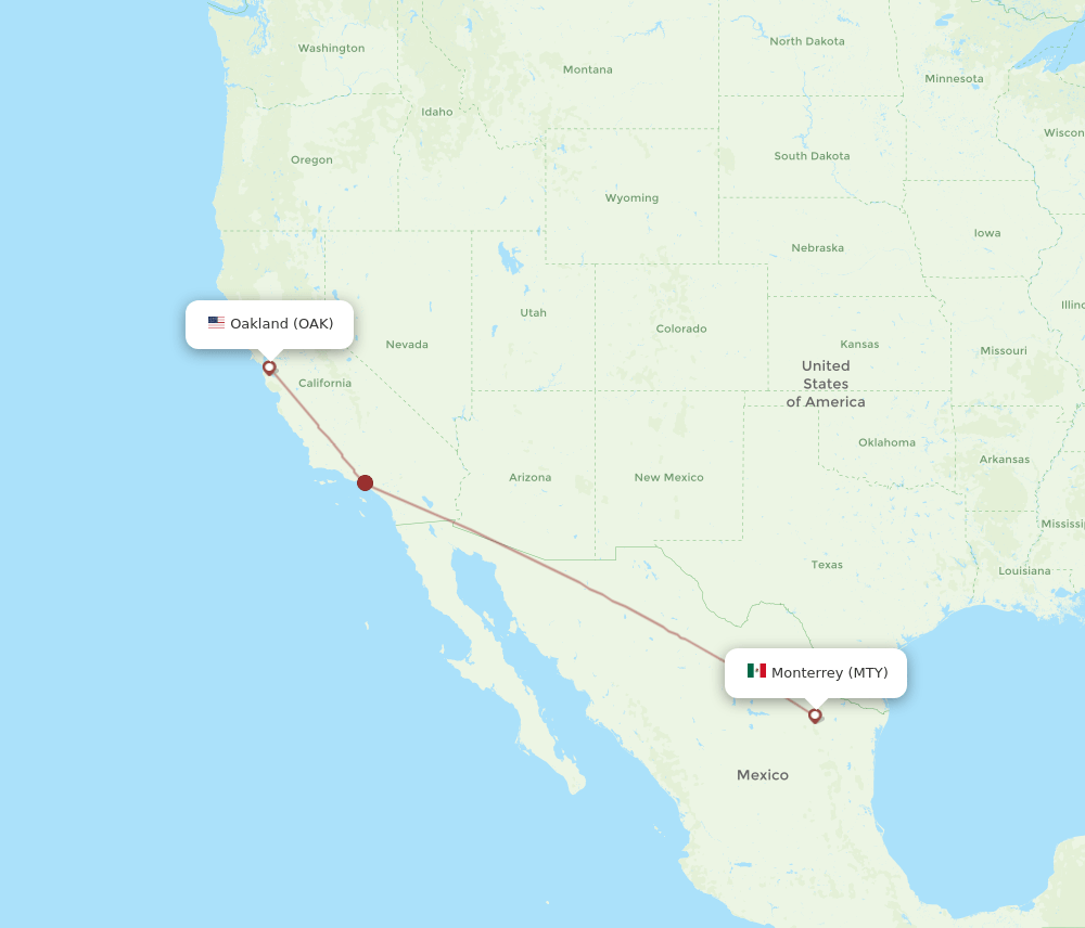 Oakland - Monterrey route map and flight paths