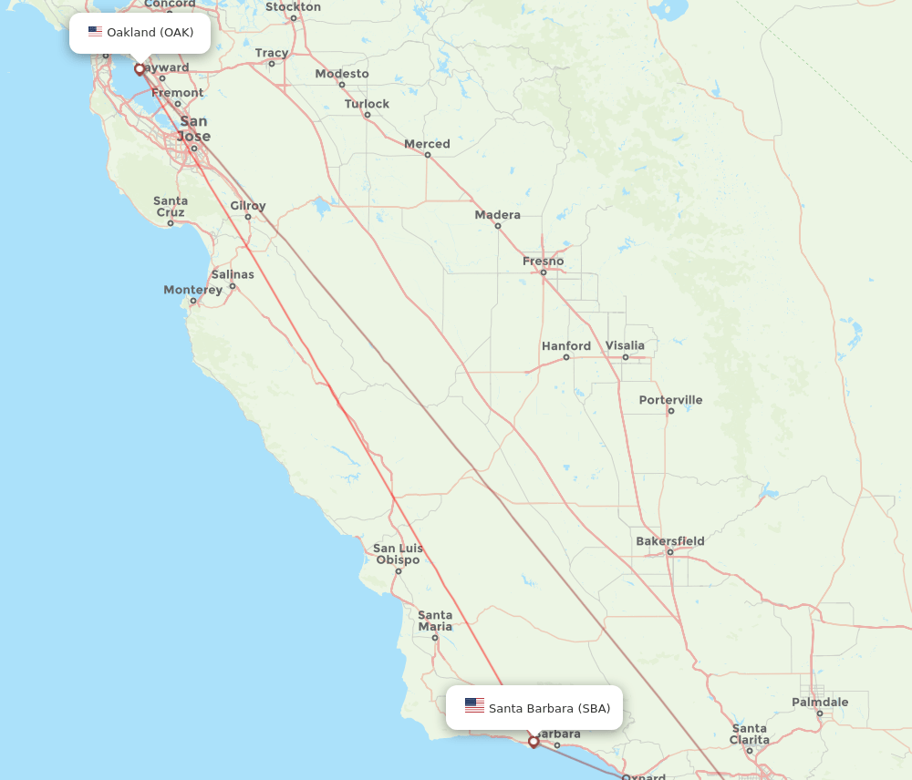 Oakland - Santa Barbara route map and flight paths