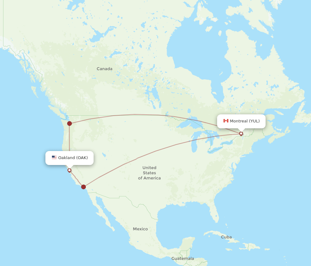 Oakland - Montreal route map and flight paths