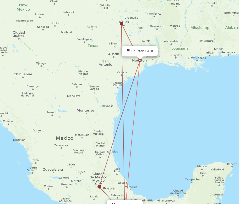 OAX-IAH flight routes