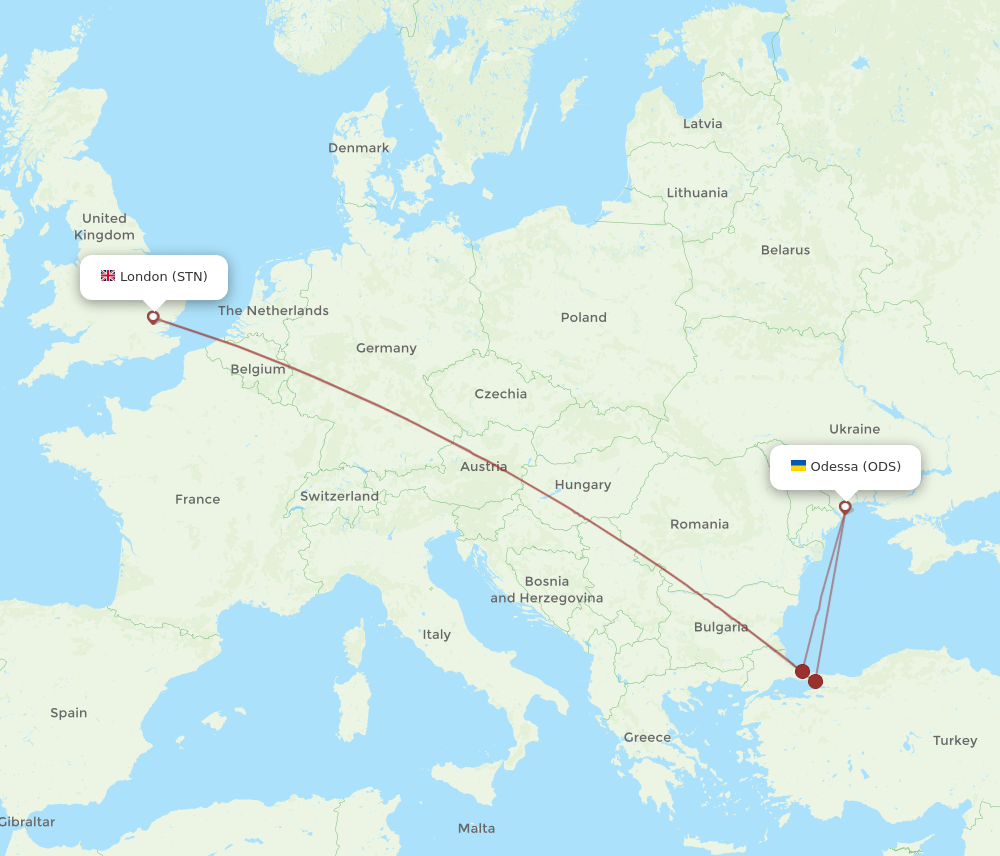 London - Odessa route map and flight paths