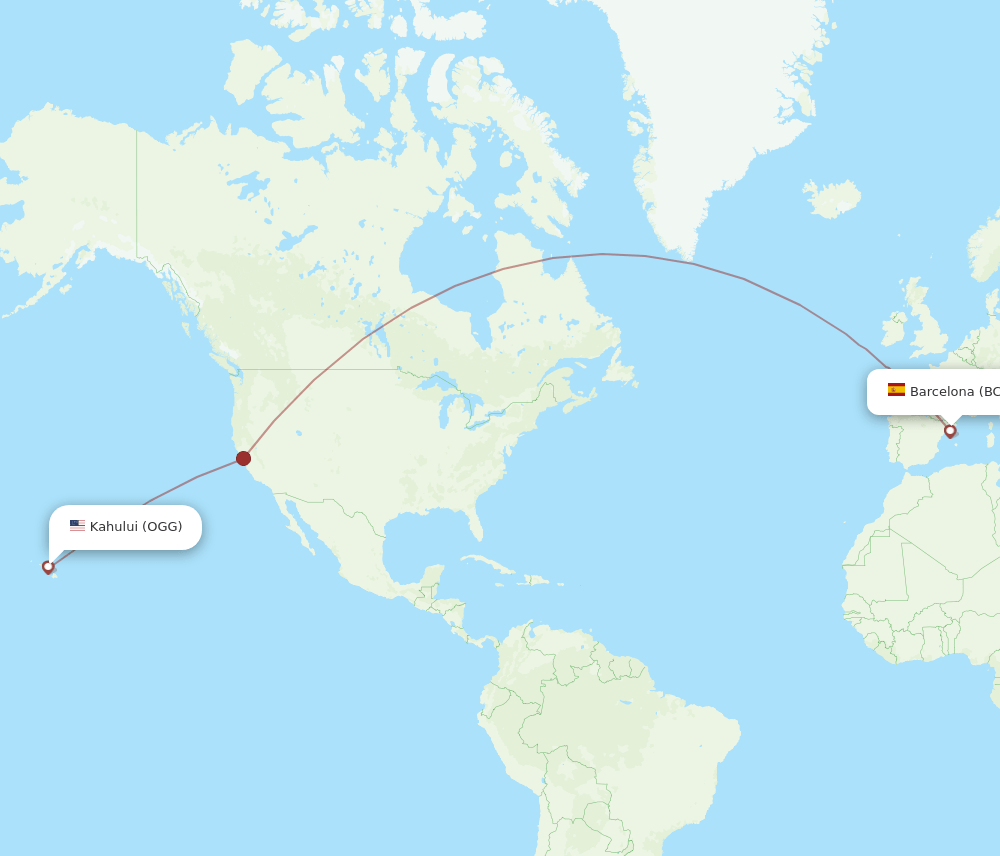 Barcelona - Kahului route map and flight paths