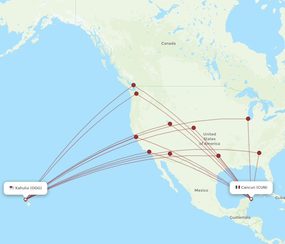 OGG to CUN flights and routes map