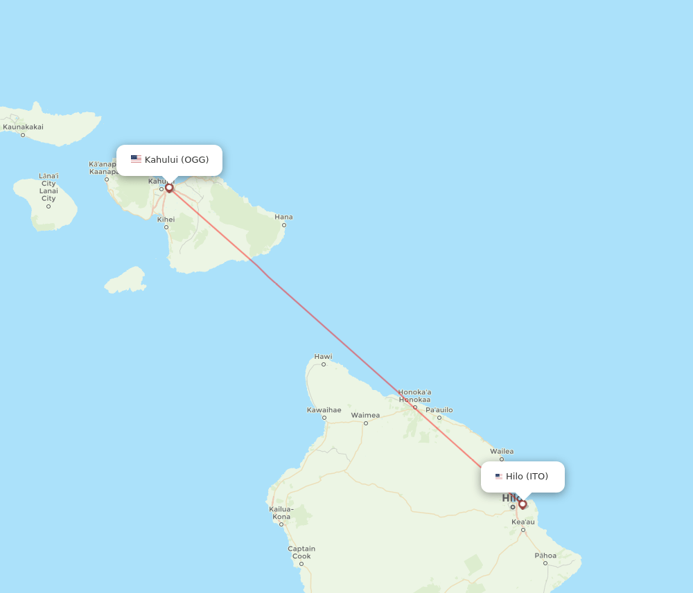 Kahului - Hilo route map and flight paths