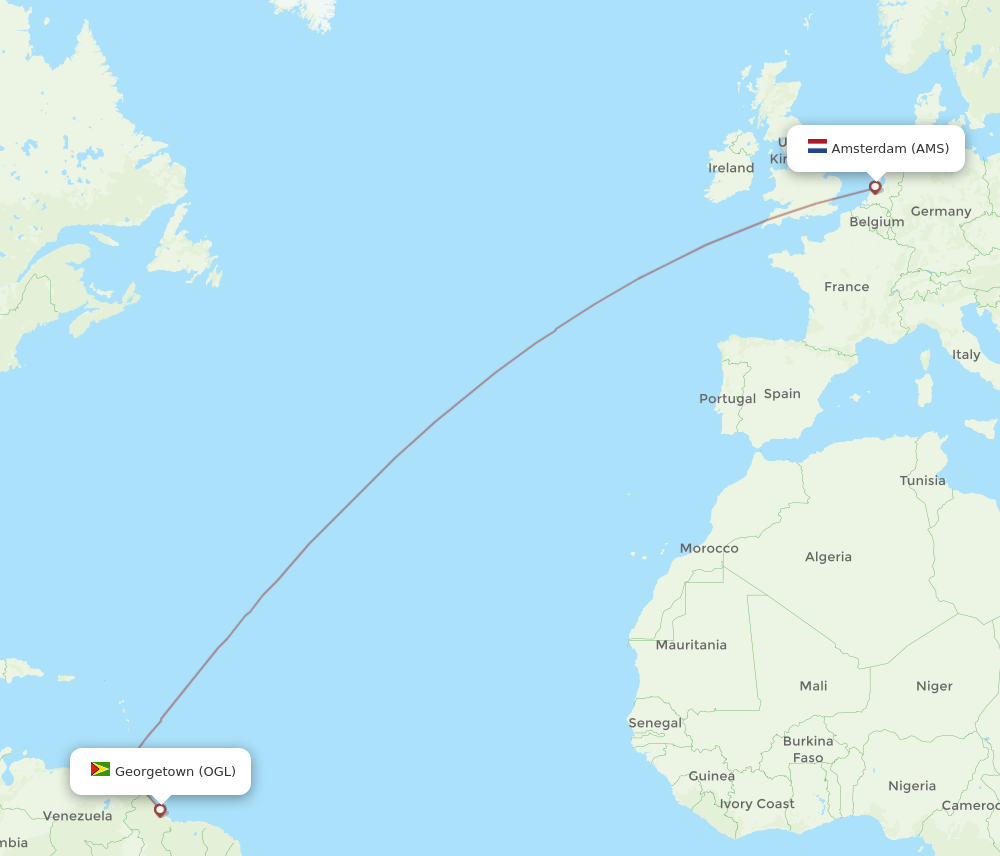 Amsterdam - Georgetown route map and flight paths