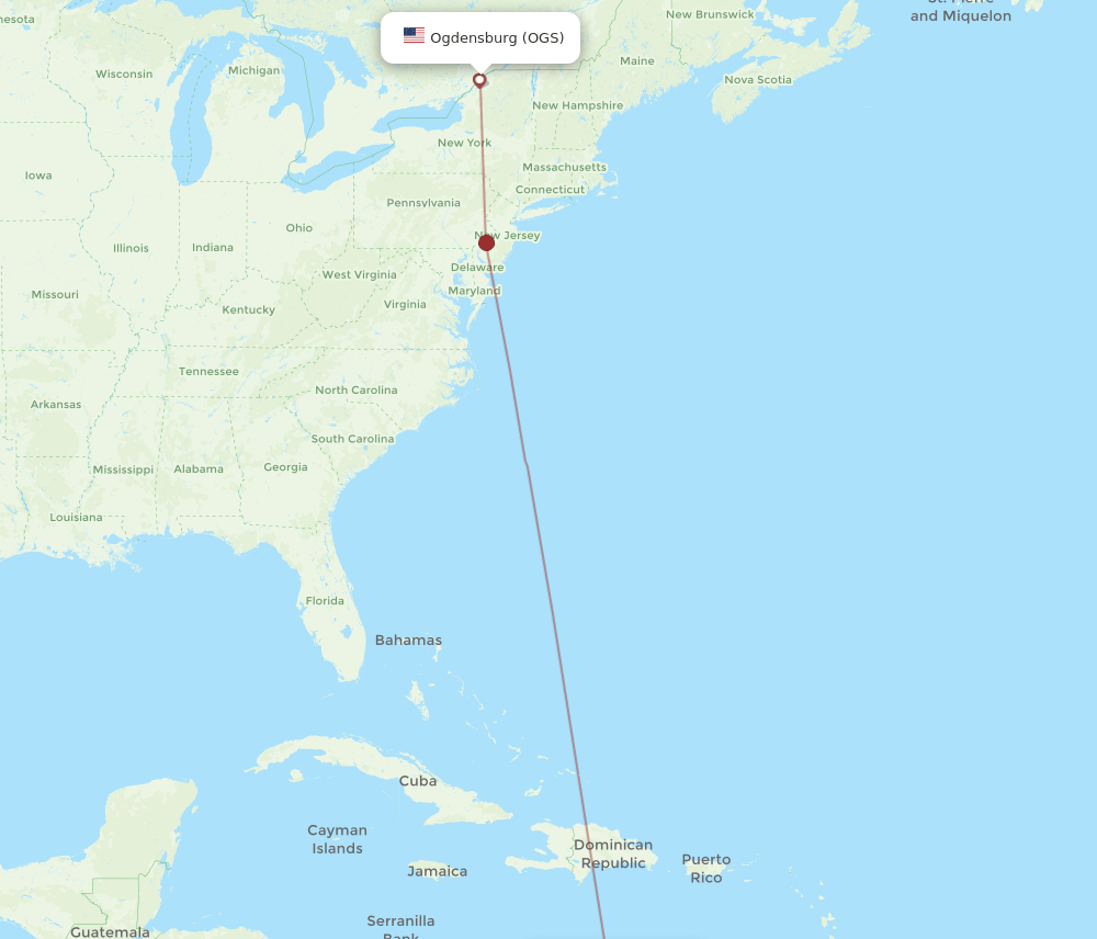 Ogdensburg - Aruba route map and flight paths