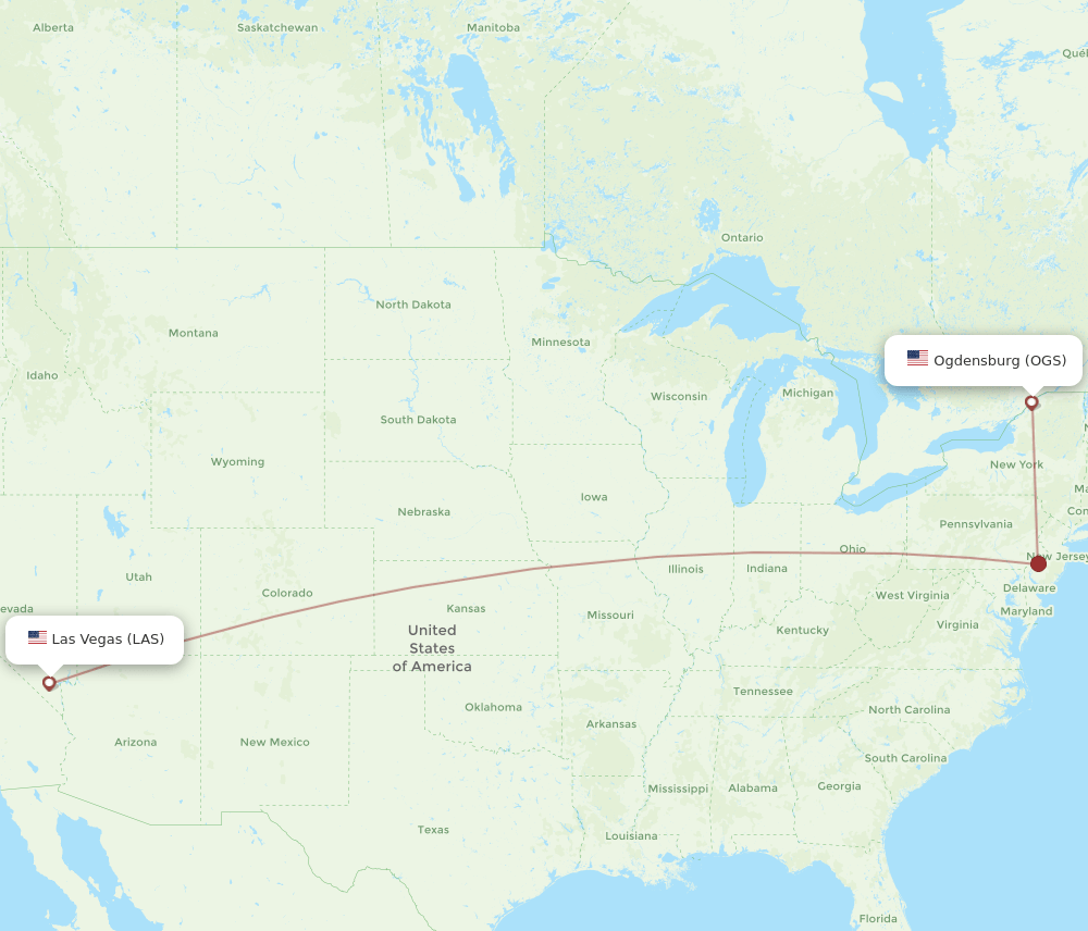 Ogdensburg - Las Vegas route map and flight paths