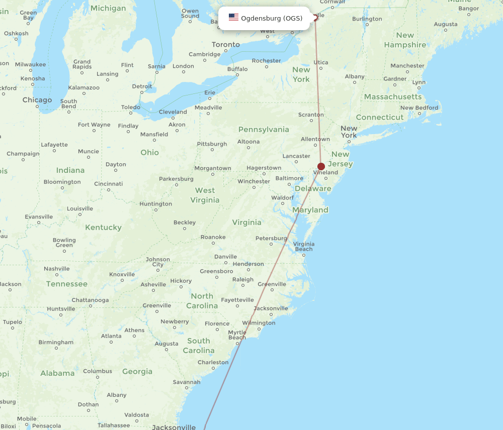 Ogdensburg - Orlando route map and flight paths
