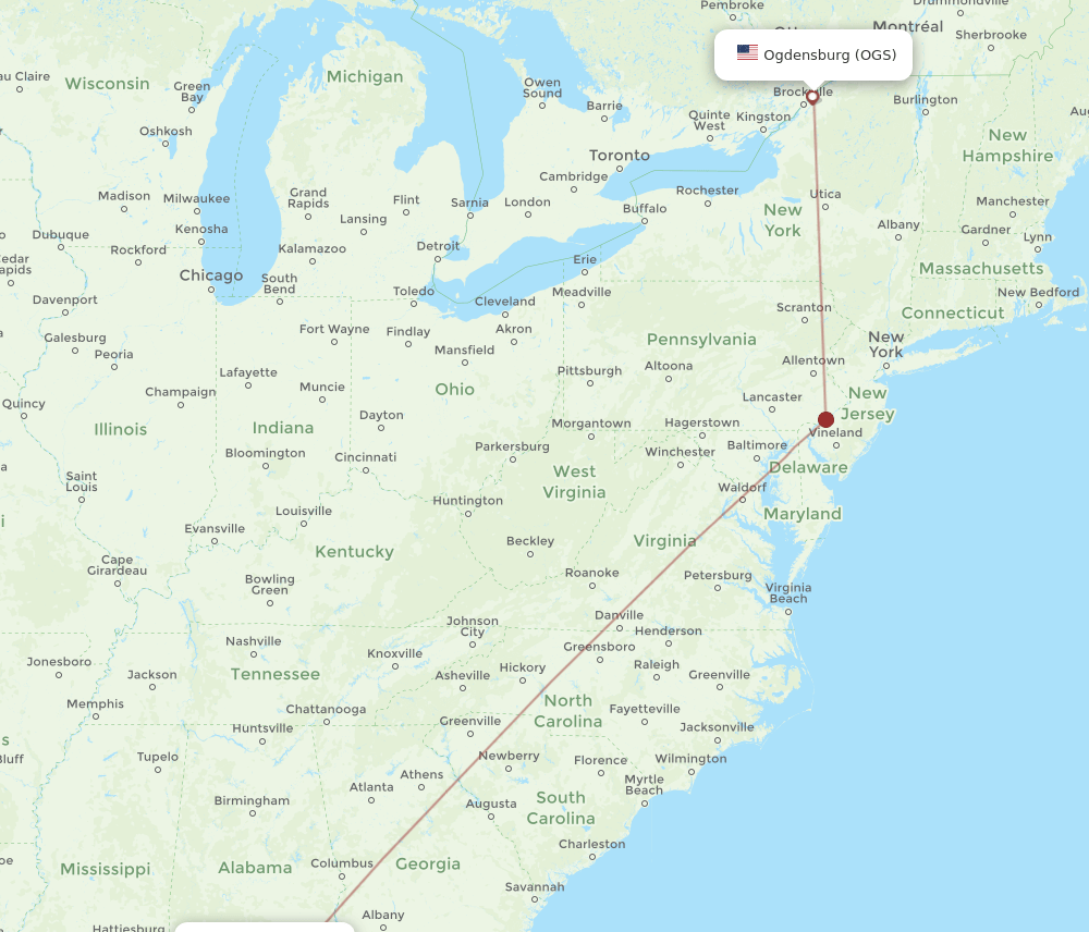 Ogdensburg - Fort Walton Beach route map and flight paths