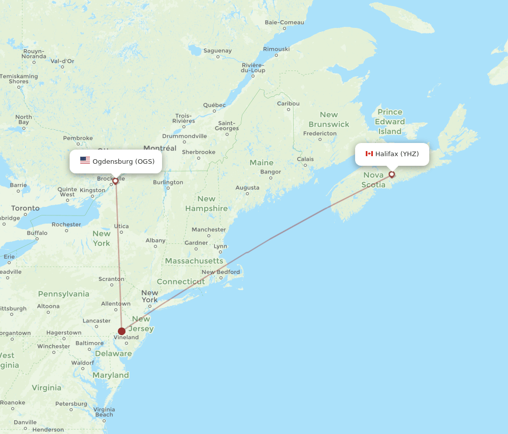 Ogdensburg - Halifax route map and flight paths