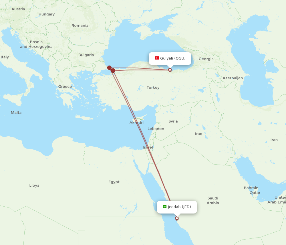 OGU to JED flights and routes map