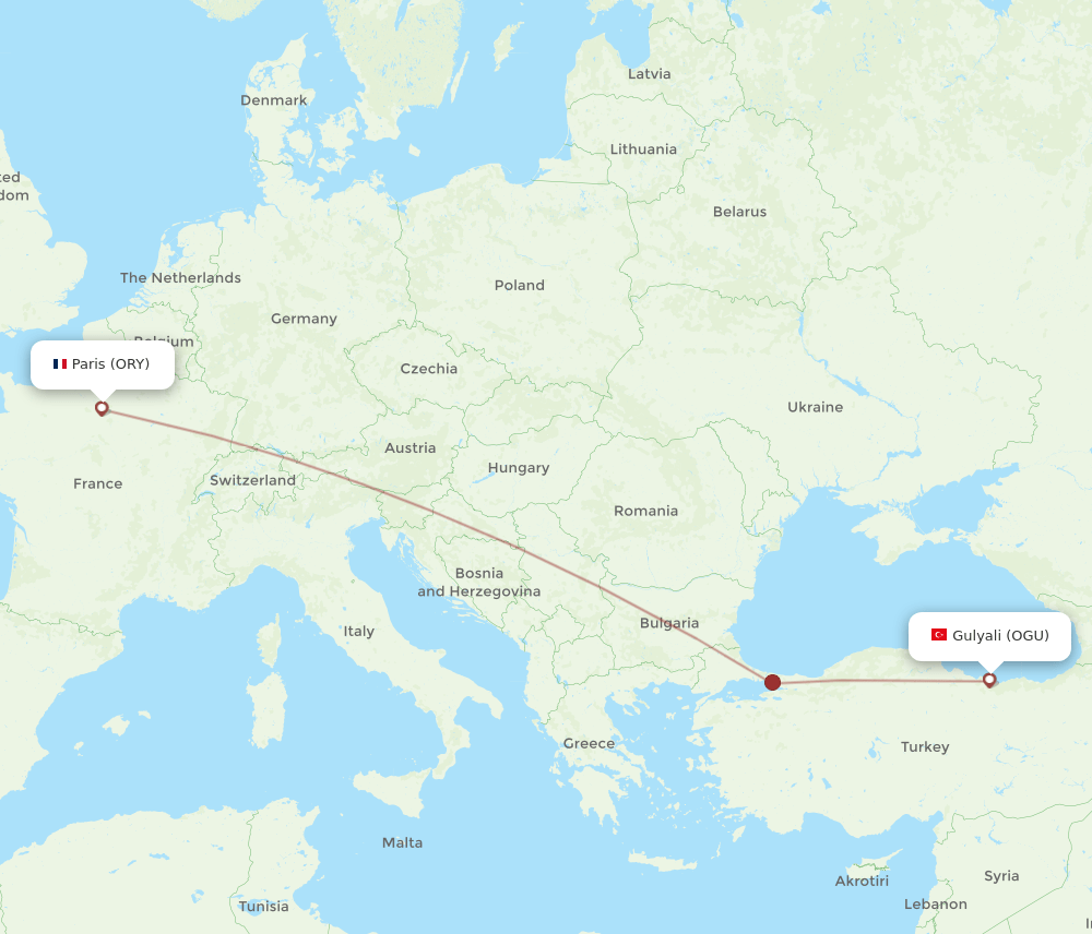 Paris - Gulyali route map and flight paths