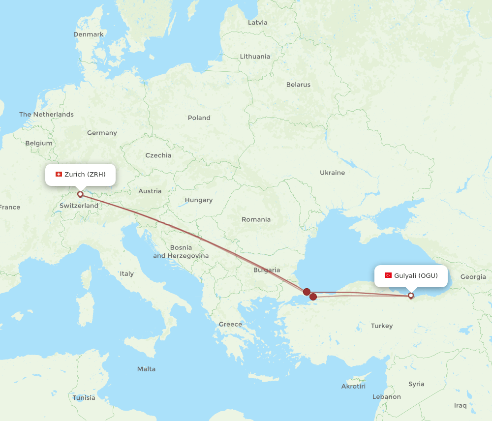 Zurich - Gulyali route map and flight paths