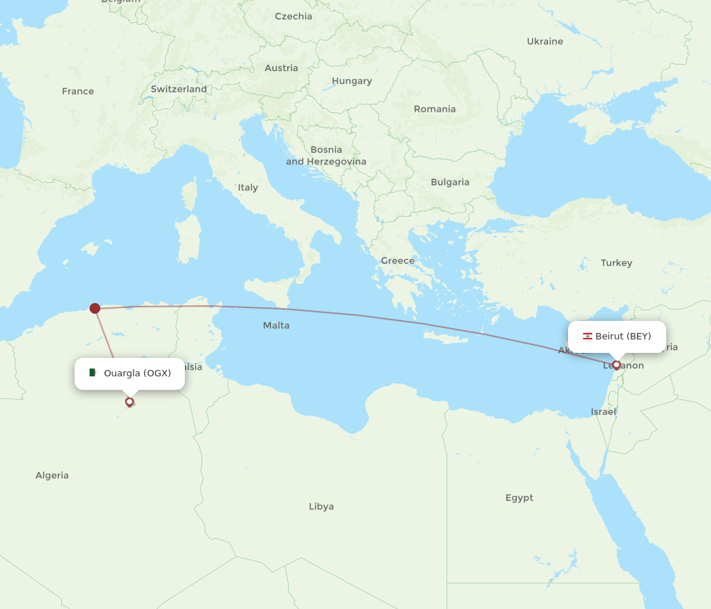 Ouargla - Beirut route map and flight paths