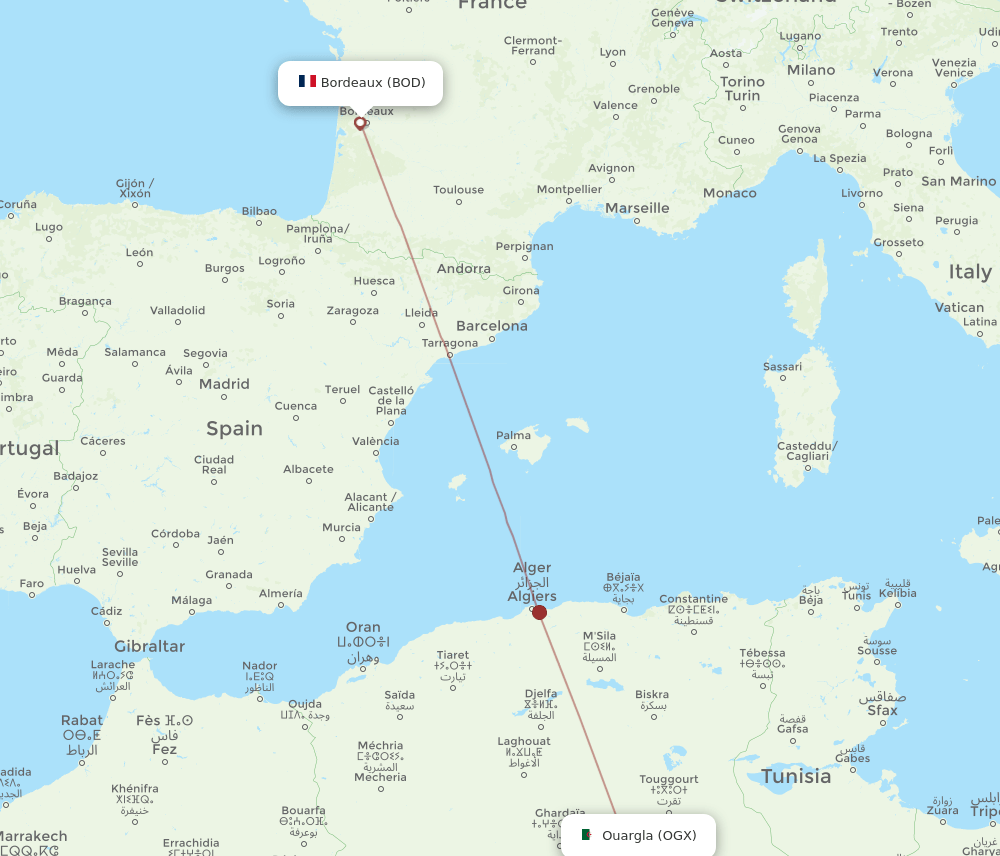 BOD to OGX flights and routes map
