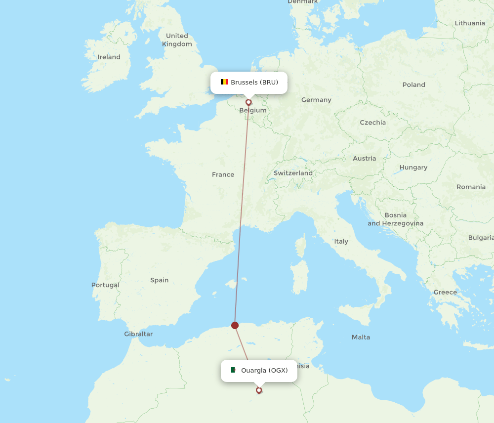 Brussels - Ouargla route map and flight paths
