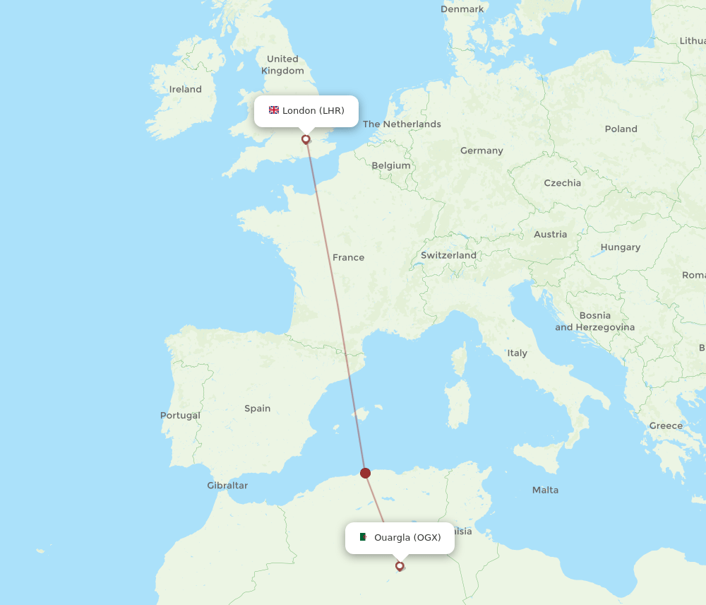 OGX to LHR flights and routes map