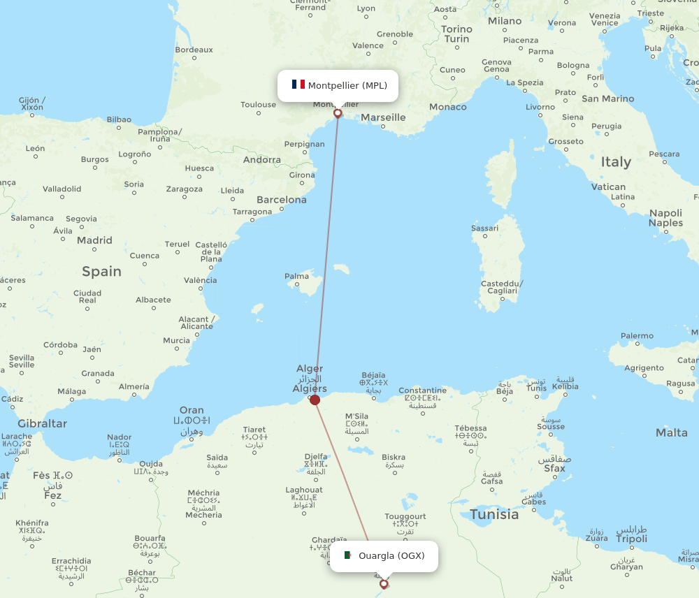Montpellier - Ouargla route map and flight paths