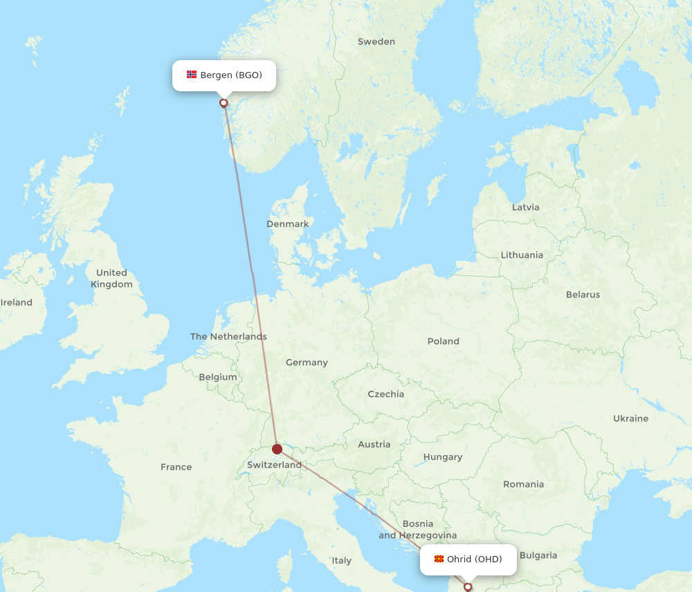 Bergen - Ohrid route map and flight paths