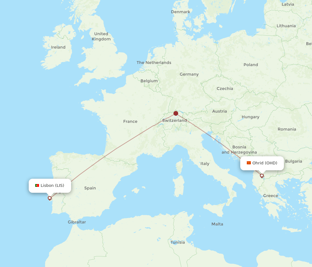 Lisbon - Ohrid route map and flight paths